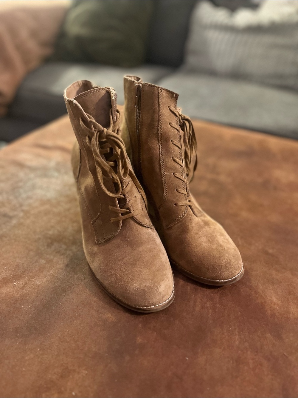 Lucky Brand Suede Lace-Up Ankle Boots in Brown